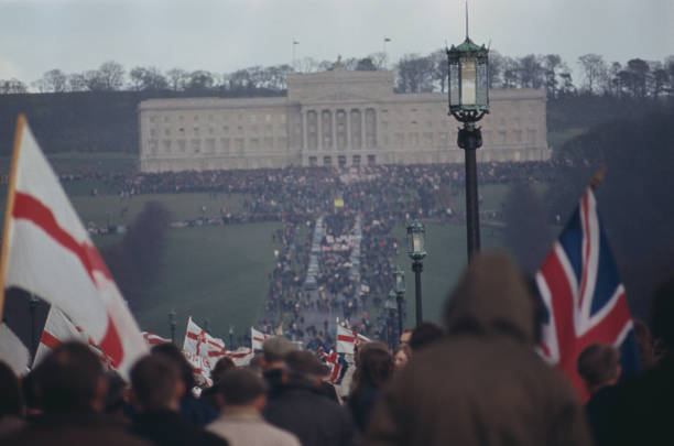 Unionist Marchers Carrying Union Flags And Ulster Banners 1972 OLD PHOTO