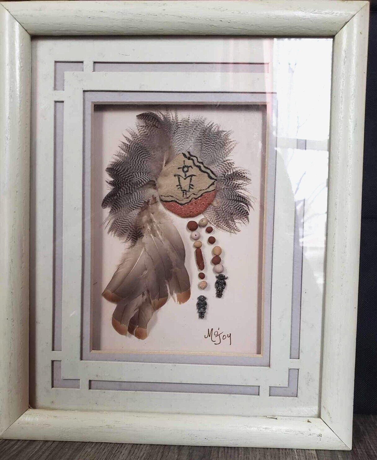 VTG Native American Art Framed Stone Painting w Feathers & Beads 1970s Signed