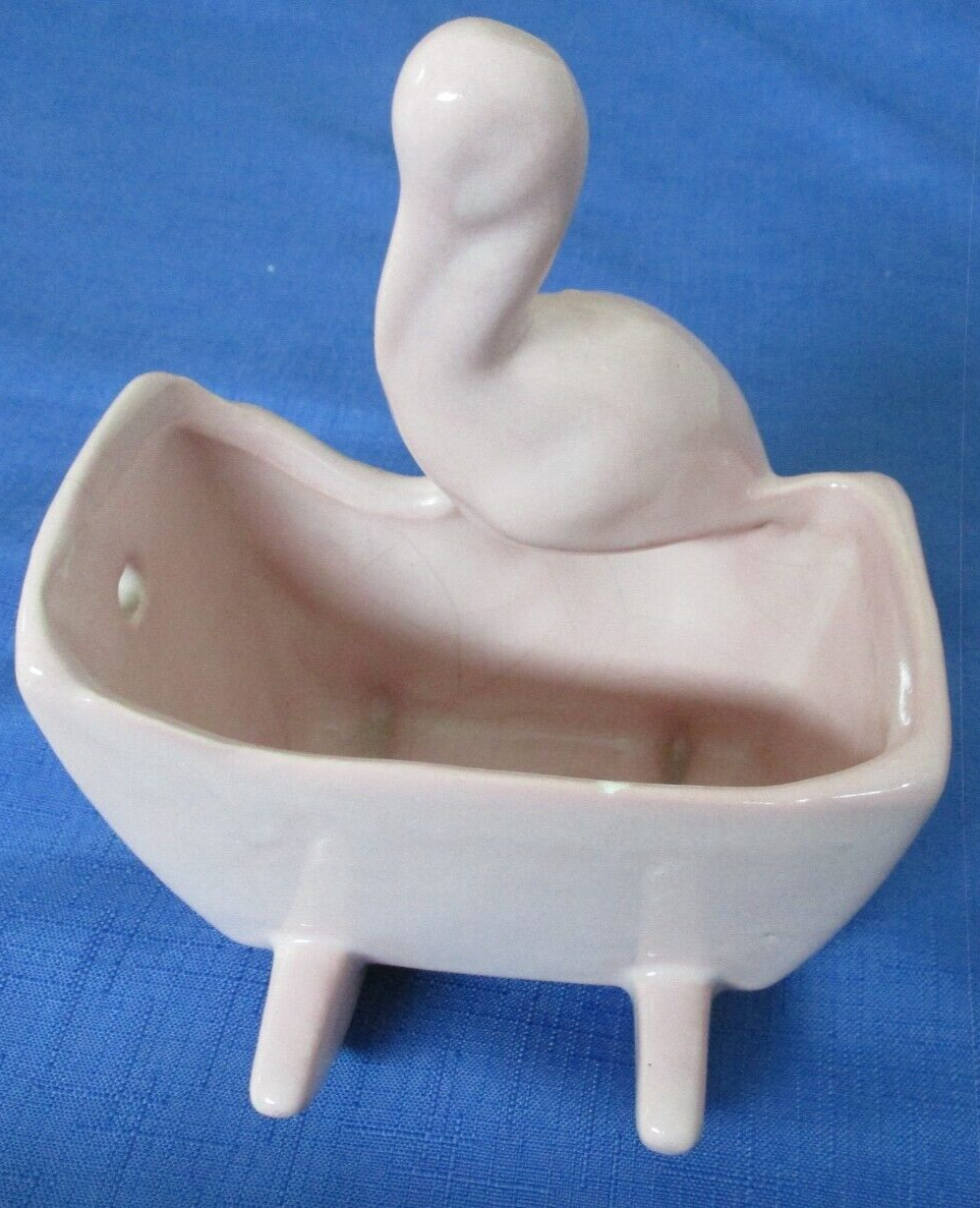 NEW Rare 1954 Vintage Ceramic Pottery Pink Stork Cradle Baby Planter Haeger