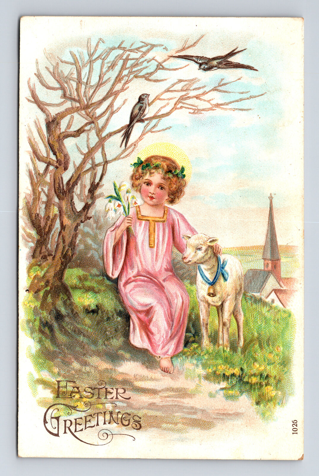 1908 Traditional Easter Angel Girl Flowers Lamb Church Germany Postcard