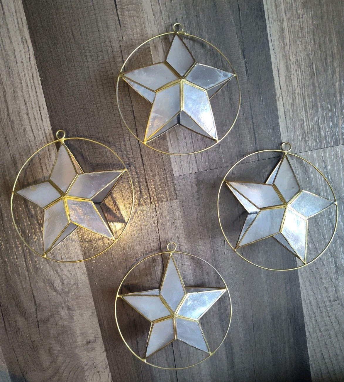 Vintage Capiz Star Ornaments-White with Gold Framing (Lot of 4)