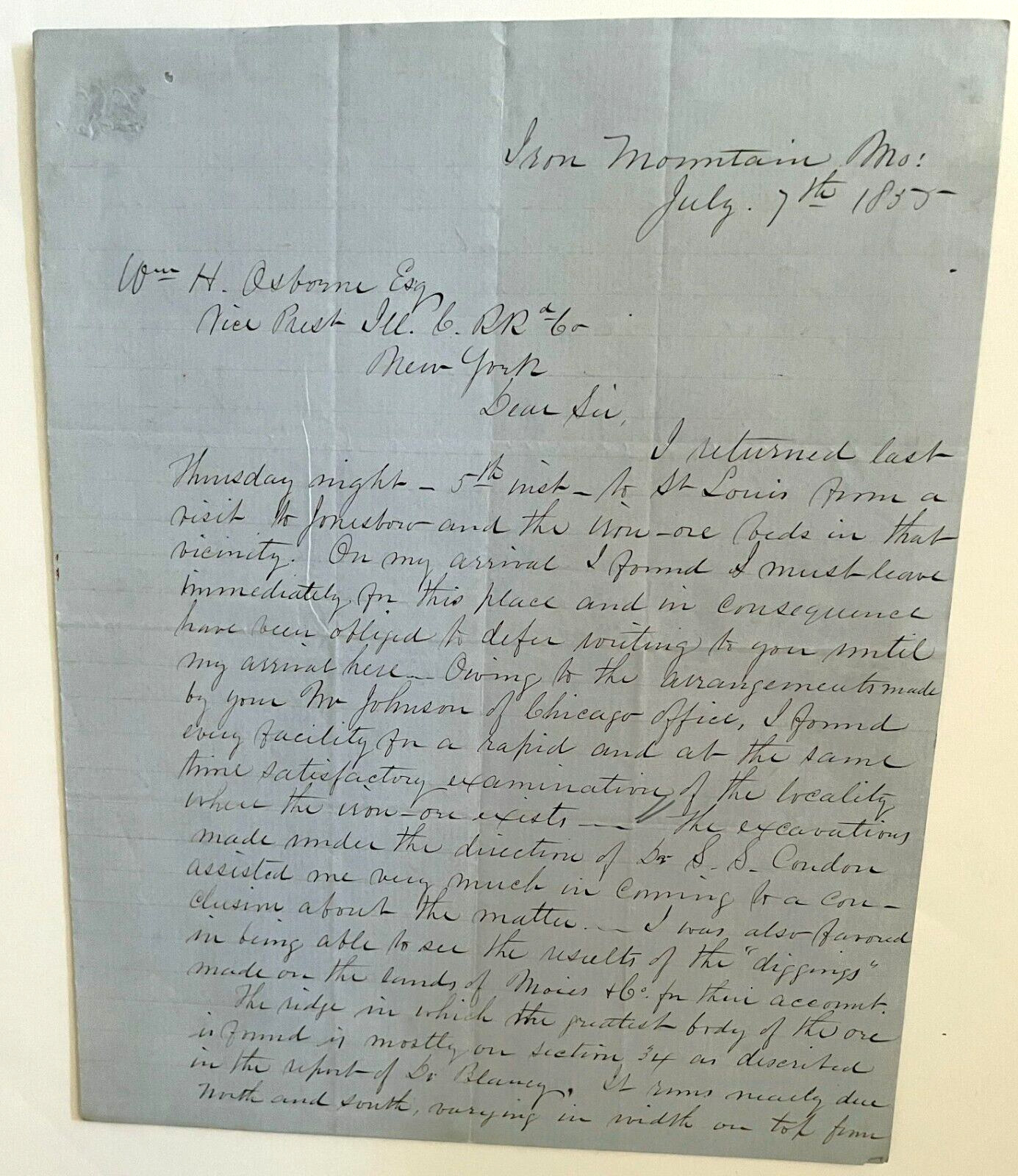 1855 Iron Mountain, Missouri - Content Letter, 4pp re Railroad, Mining