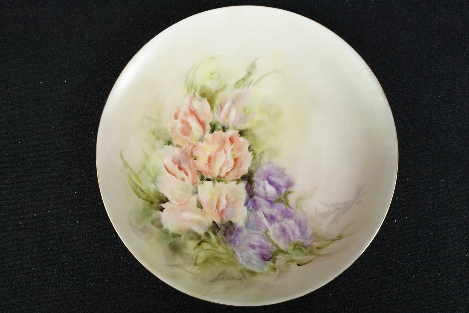 Hand Painted Ceramic Plate Signed \'Laura\' Pink and Purple Flowers 7 5/8\