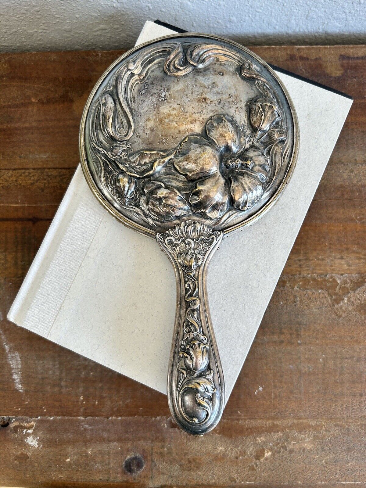 Antique Art Nouveau Floral Silver Patina Hand Mirror Vanity Mirror