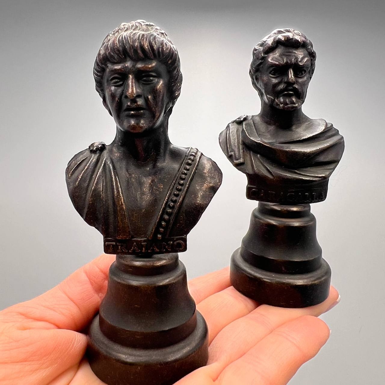 Vintage Pair Statue Bust Emperors Roman Caracalla Traian Figurine Metal 3.9 in