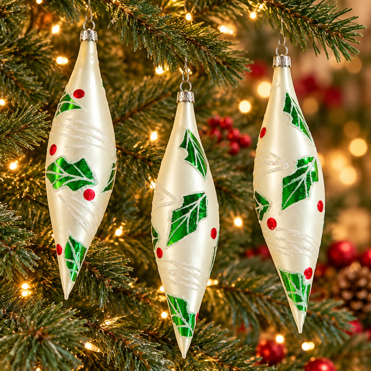 Vintage Set of 3 Ivory Holly Berry Christmas Ornaments 6” Teardrop Bradford Glit