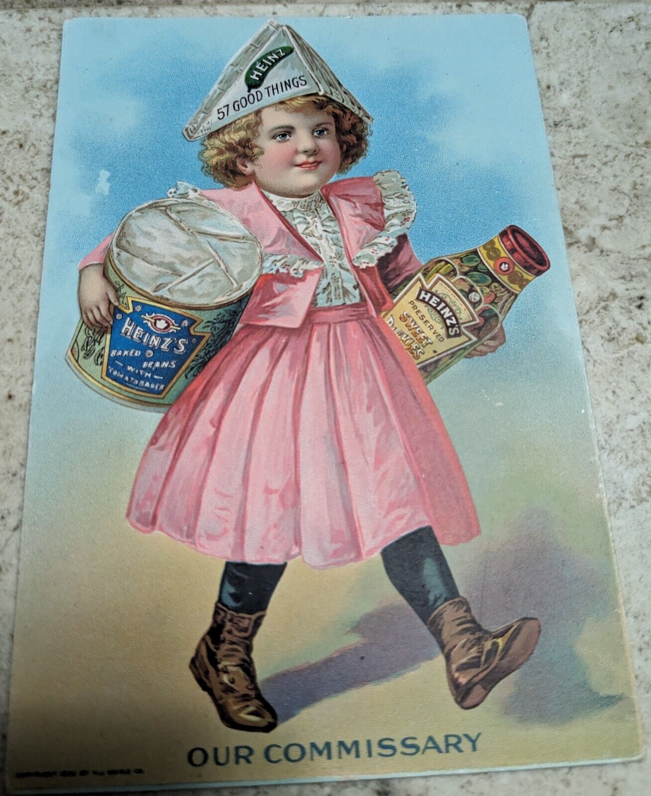 *VERY RARE* VICT. TRADE CARD HEINZ SWEET PICKLES BAKED BEANS OUR COMMISSARY N.J.