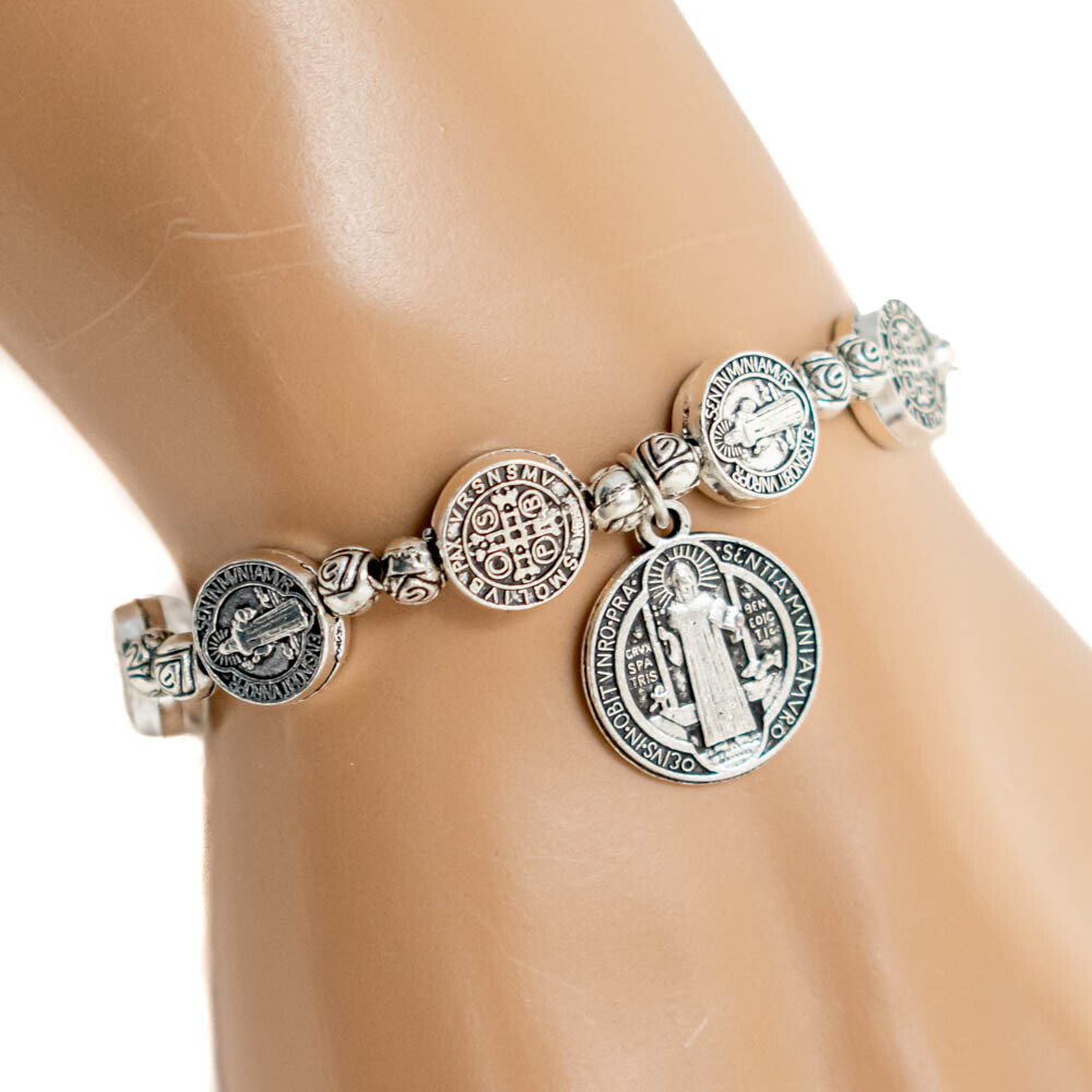 Saint St Benedict Medal Silver Rosary Bracelet Pulsera De Plateado De San Benito