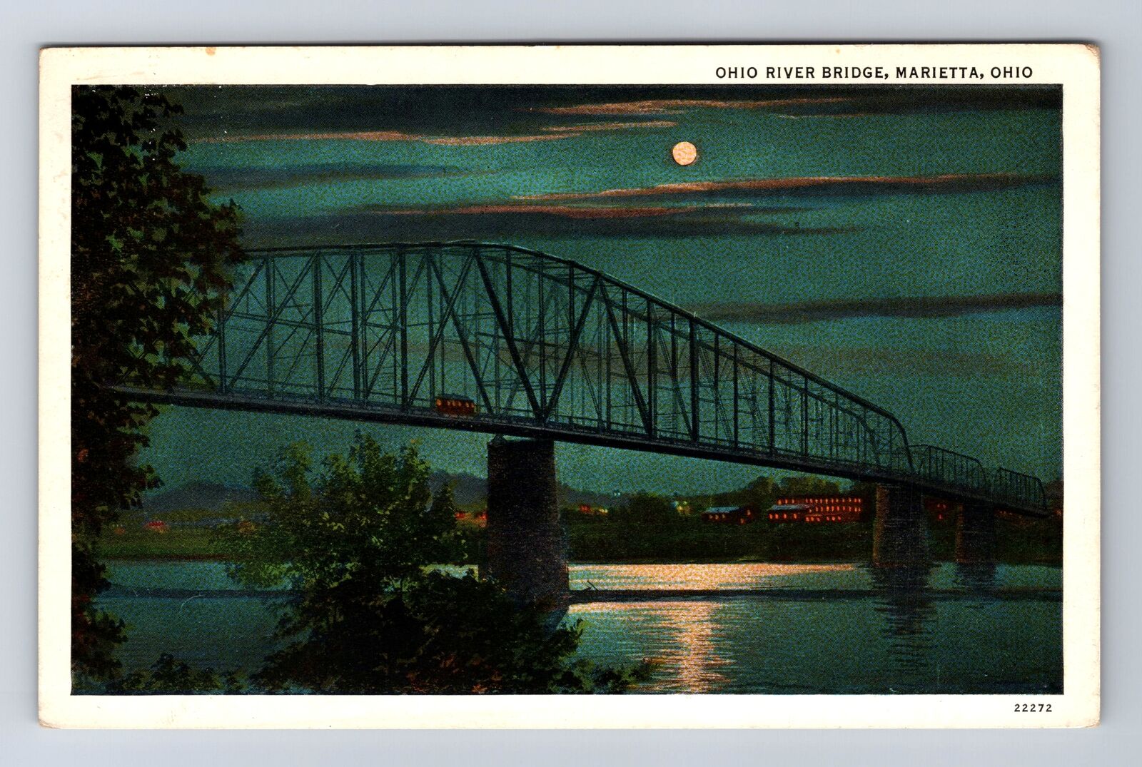 Marietta OH-Ohio, Ohio River Bridge By Moonlight, Night, Vintage Postcard