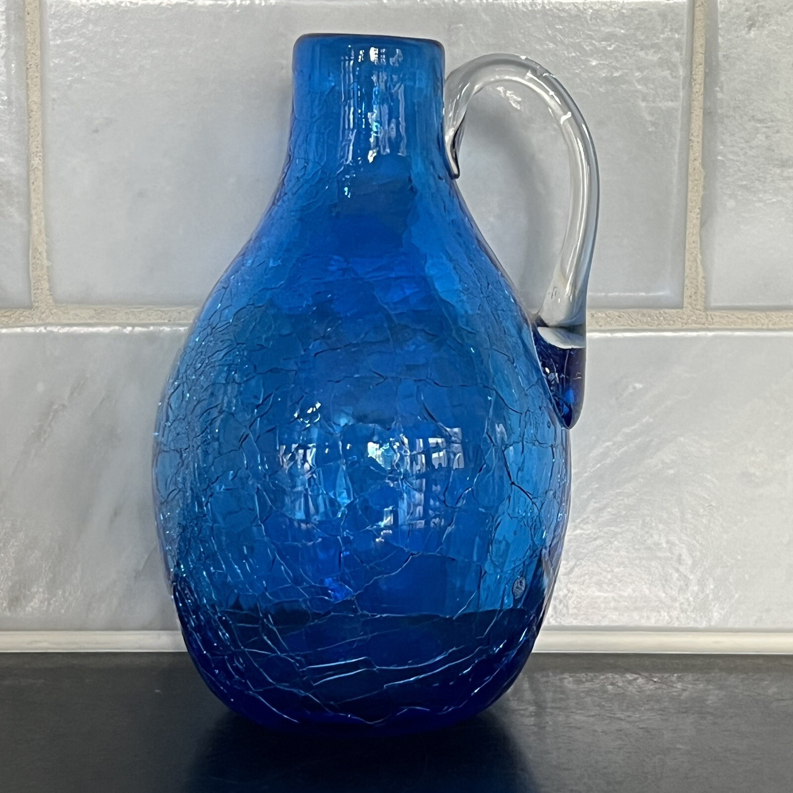 Vintage Handblown Blue Crackle Glass Pitcher Jug W/ Applied Clear Handle 5 1/2\