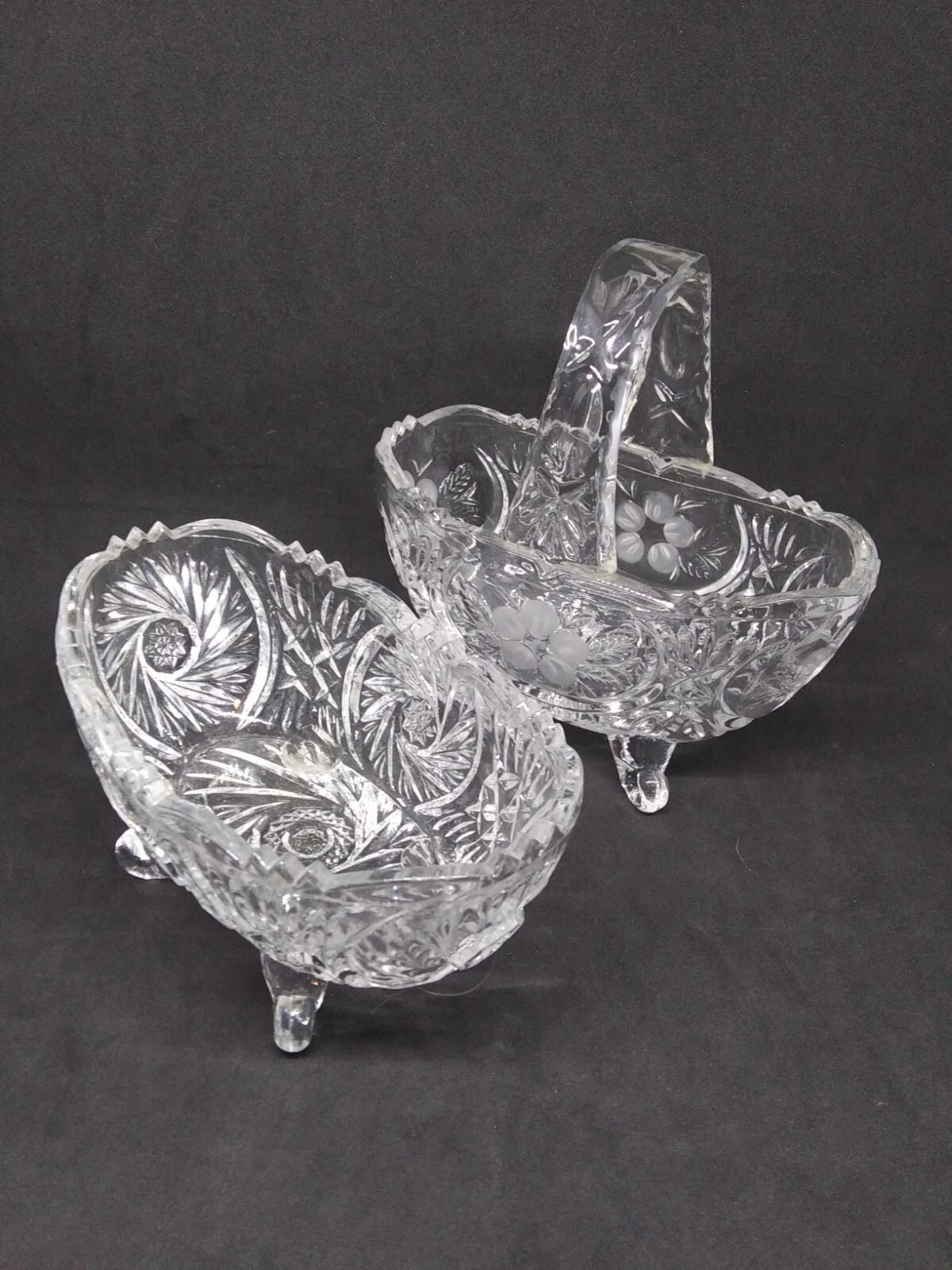 Candy Nut Dish Crystal Footed Etched Clear Glass Trinket Relish Serving Lot of 2