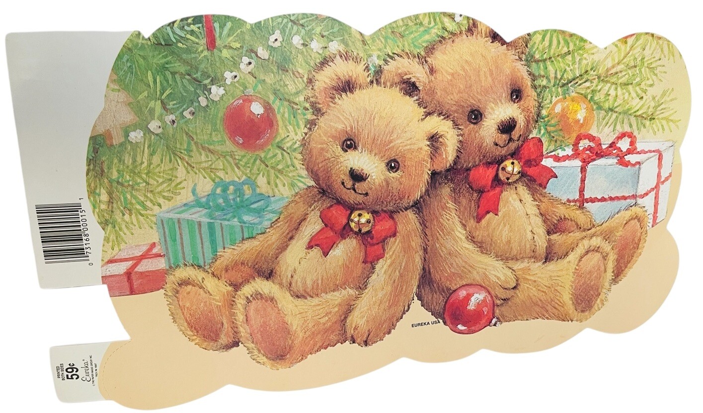 VTG TEDDY BEAR DUO DIE CUT CHRISTMAS UNDER TREE WITH GIFTS DOUBLE SIDED EUREKA