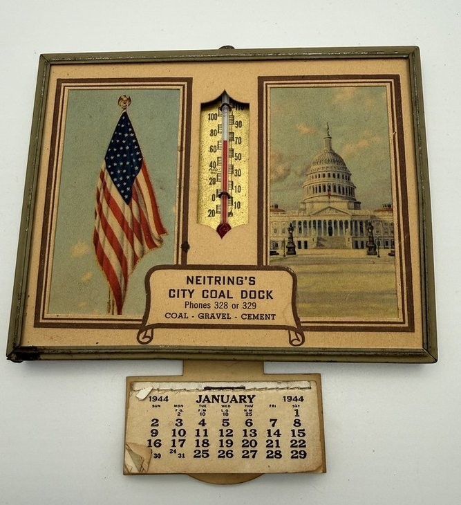 RARE1944 WWII Homefront Thermometer Calendar Neitring's Coal Dock Grand Haven MI
