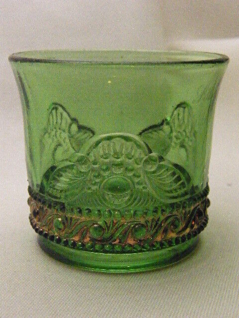 SHENANDOAH JA CLEAR GREEN GLASS BEADED FERN GOLD FOOTED FLUTED TOOTHPICK HOLDER