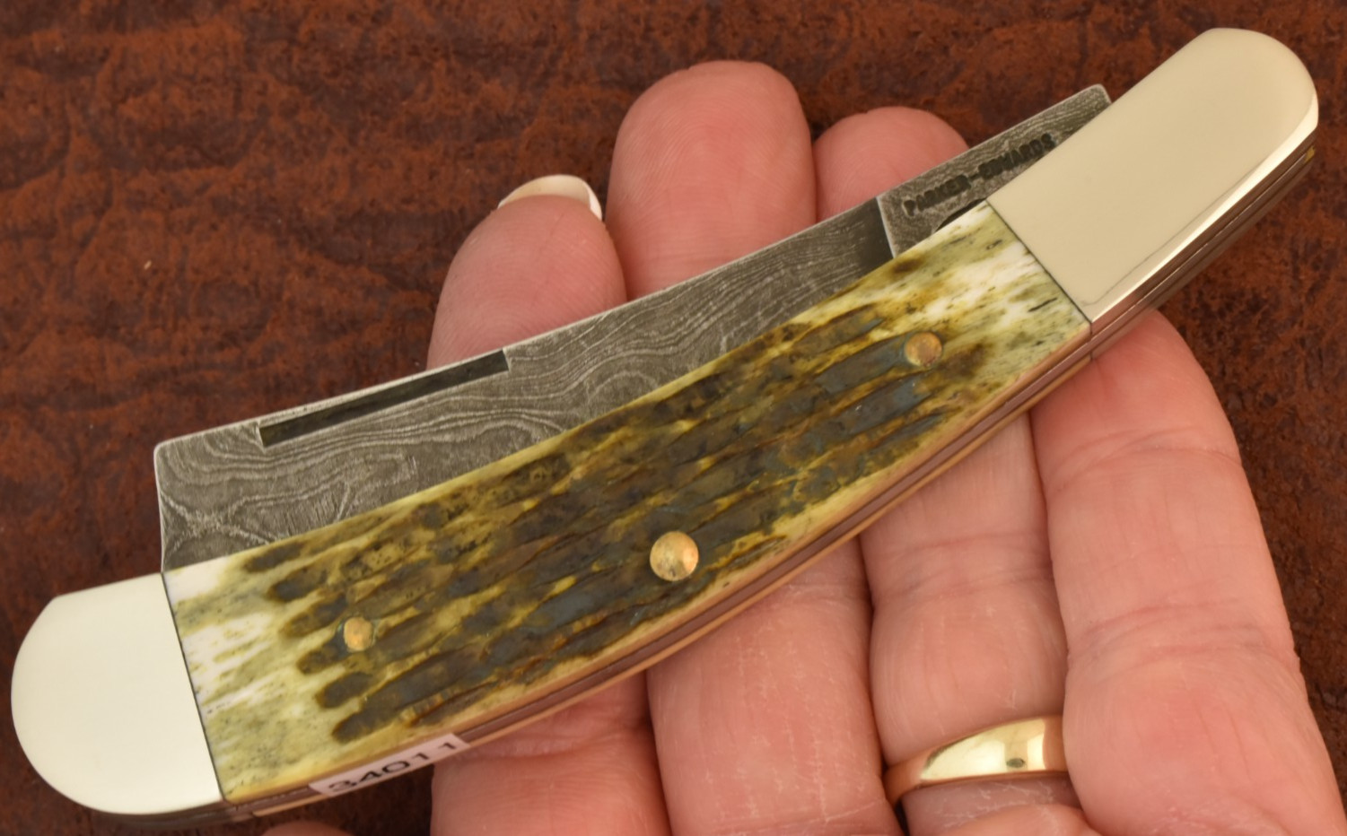 VINTAGE PARKER EDWARDS MADE IN USA DAMASCUS GREEN BONE RAZOR TRAPPER KNIFE 34011