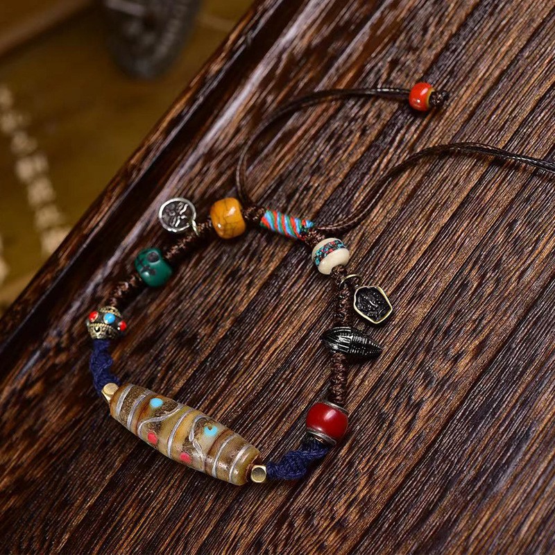 38.5x13mm Tibetan Inlaid Multi-Treasure Dzi Bead Handwoven Adjustable Bracelet