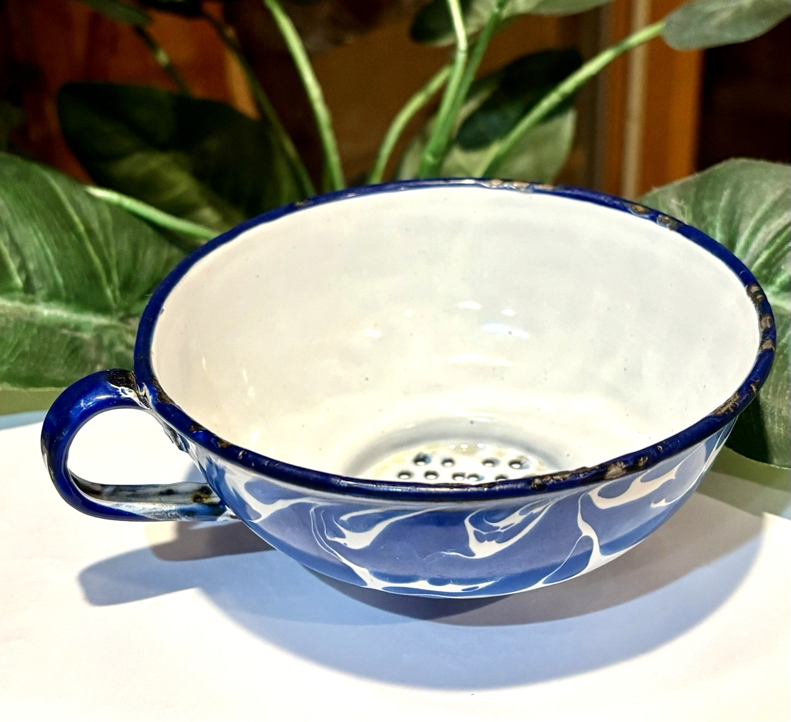 Antique Blue & White Swirl Enamelware Strainer Berries Perforated Bottom