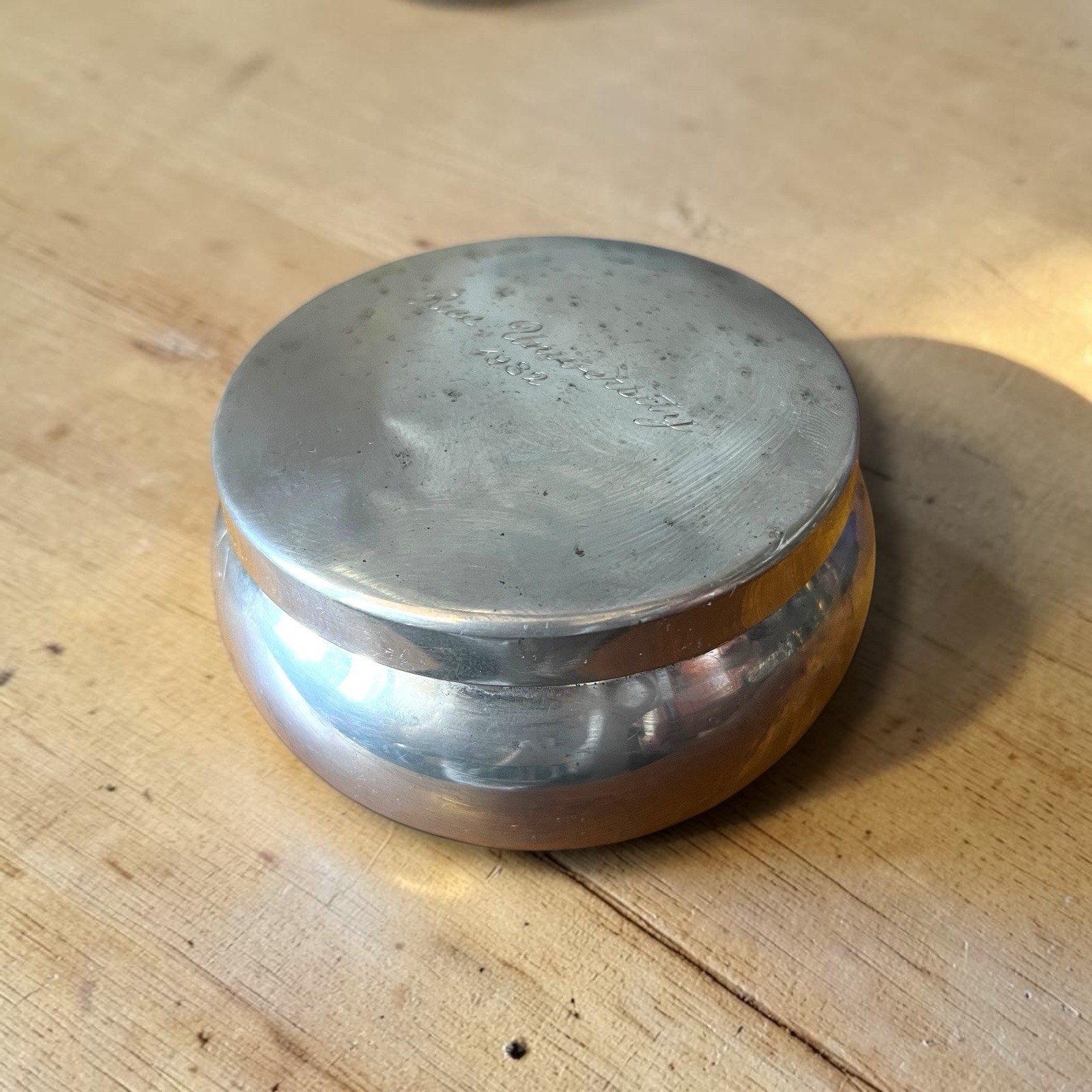 Vintage Old Newbury Pewter Rice University 1982 Covered Trinket Tobacco Box