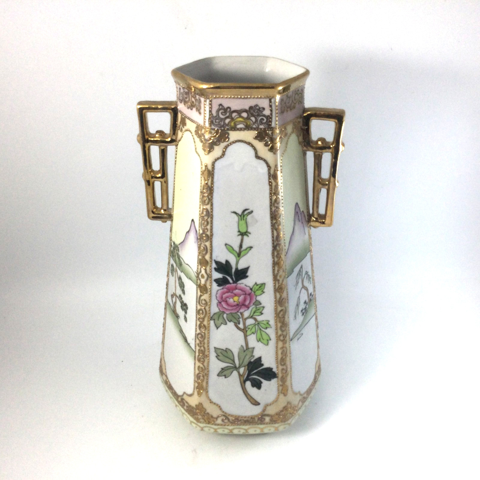Antique Hexagonal Handled Porcelain Vase Handpainted Landscape Floral 12 Antique Hexagonal Handled Porcelain Vase Handpainted Landscape Floral 12