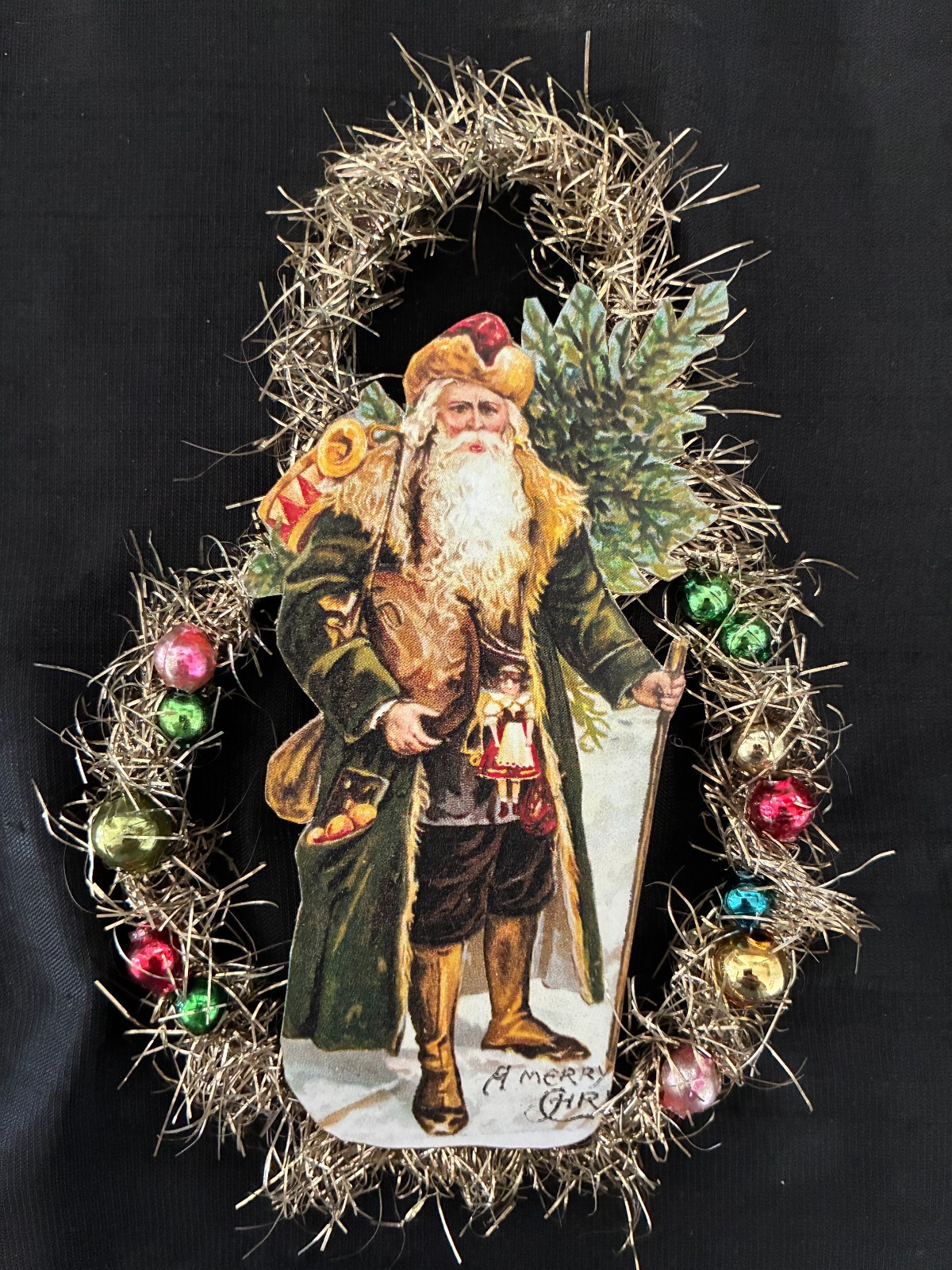 Antique Look Scrap Christmas Ornament,  SANTA in Green,  Mercury Glass  Handmade