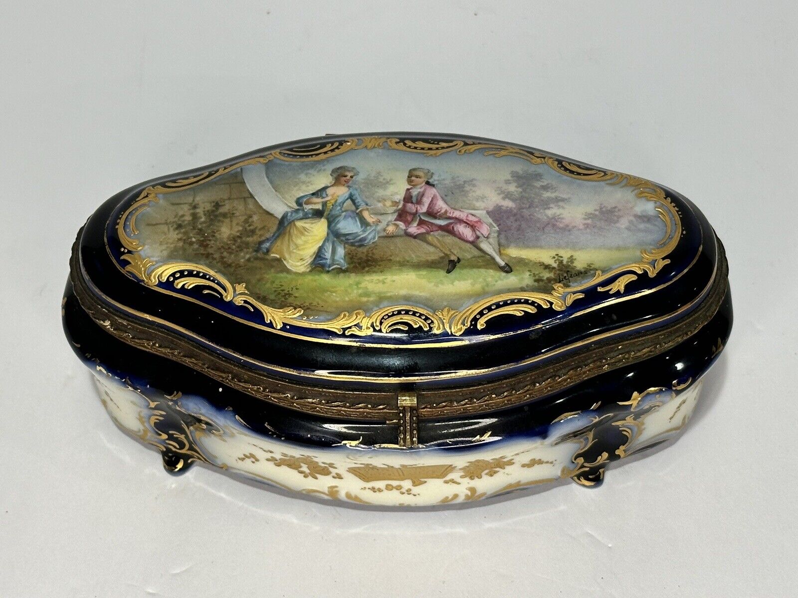 19th Century French Sevres Blue Porcelain Box Romantic Gallant Scene Gold Trim