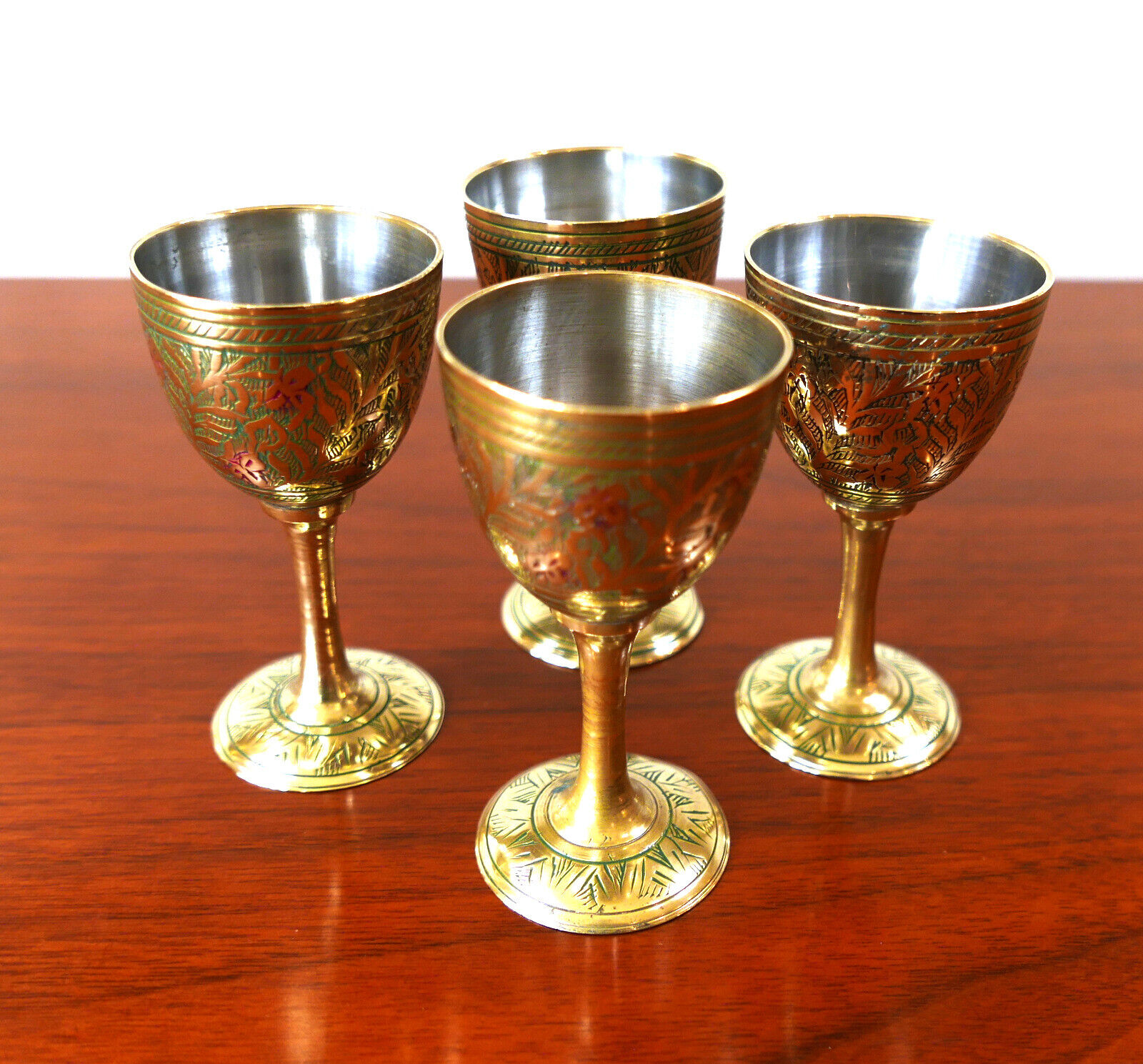 4 Beautiful Handcrafted Antique Etched Petite Brass Cordials Wine Goblets 