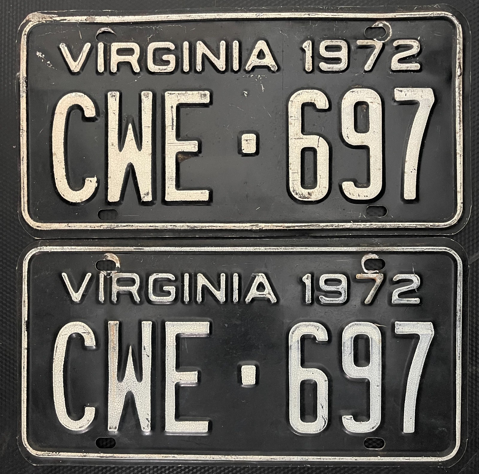 Original 1972 Virginia License Plate Matching Pair – BLACK Vintage Classic Car