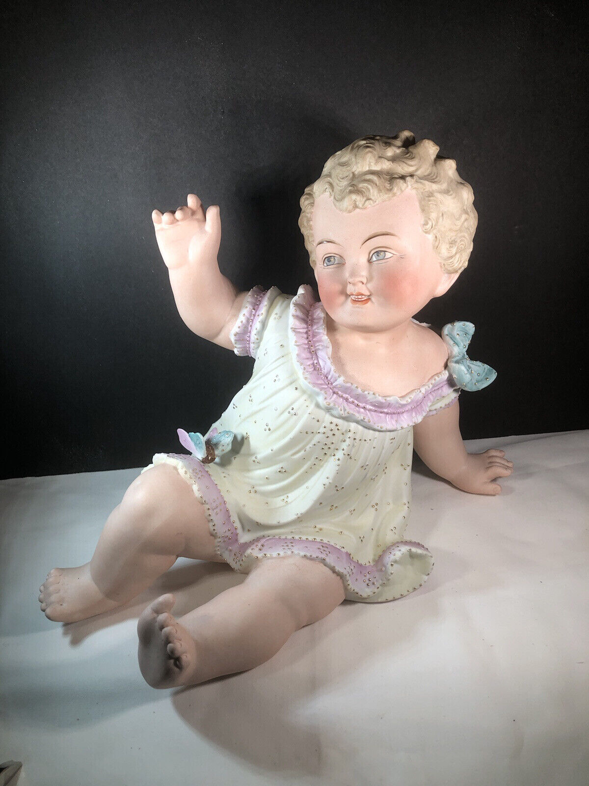 Antique Conta Boehme Porcelain Bisque Piano Baby Figurine Large Girl W/Butterfly