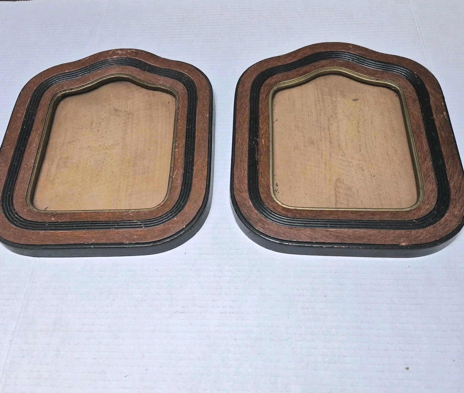 Pair Antique Victorian Tombstone Wood Picture Frames Brass Liner Ebonized Inlay