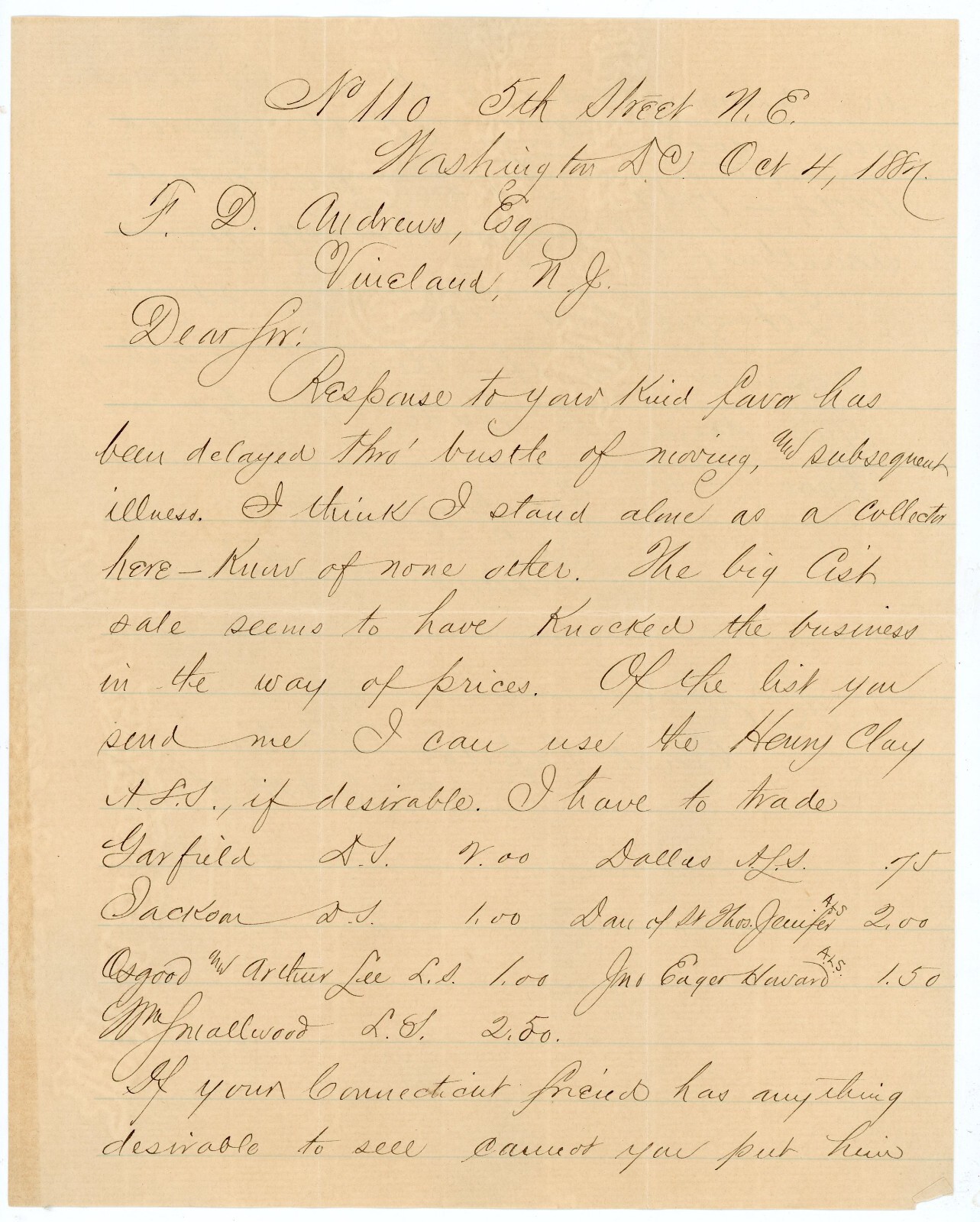 1887 Signed Letter Frank E. Harris Washington DC Refer to Henry Clay Autograph