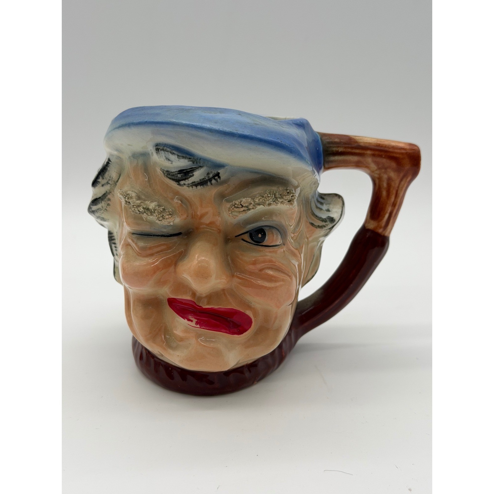 Vintage Enesco Japan Winking Man Toby Mug Ceramic Character Jug Blue Cap Cane