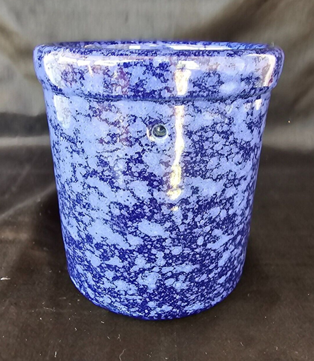 Blue Spongeware Crock Speckled Stoneware Farmhouse Country Cheese Butter Small