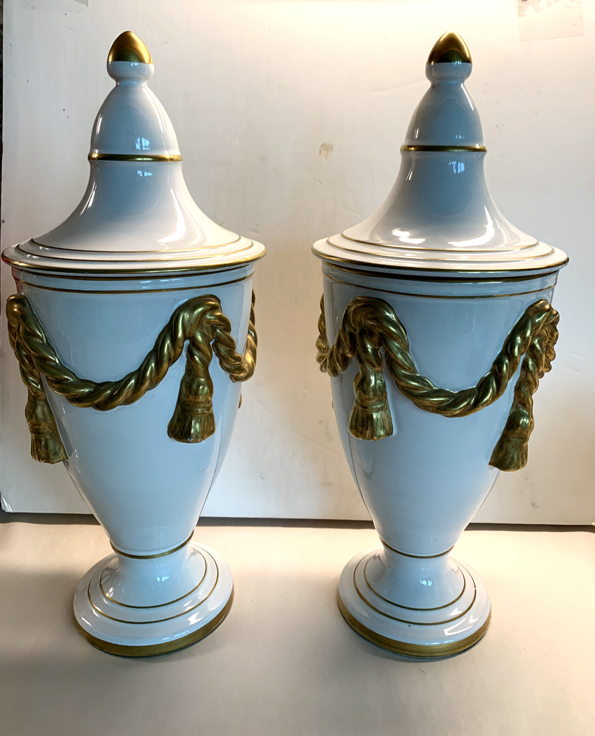 Large Vintage Pair Italian Porcelain Urns with Lids Art Deco Classical