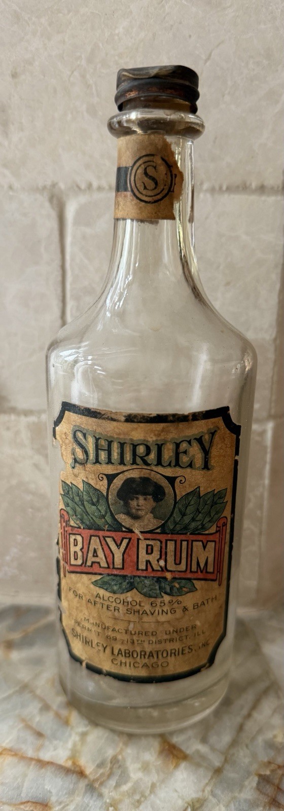 Antique Shirley Bay Rum After Shave Bottle W/ Label Shirley Laboratories Chicago