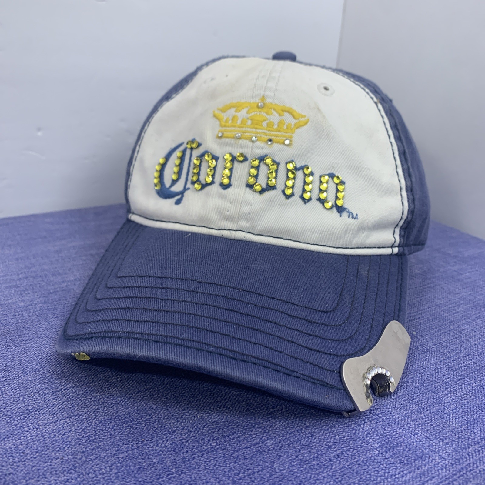 Corona Extra Hat Blue White Bling Rhinestone Crown Beer Bottle Opener On Brim