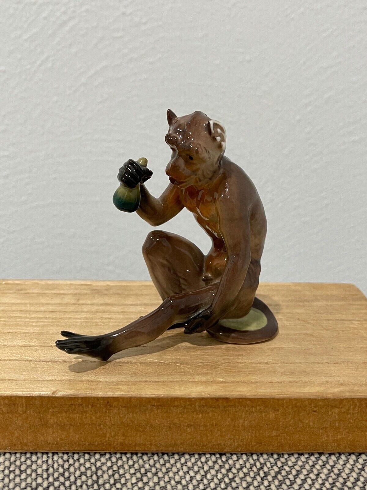 Antique German Nymphenburg Porcelain Figurine of Monkey Drinking From Gourd