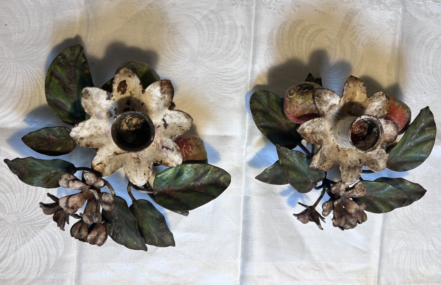 Pair Of Vintage Italian Toleware Flower and Fruit Candle Holders - Gorgeous
