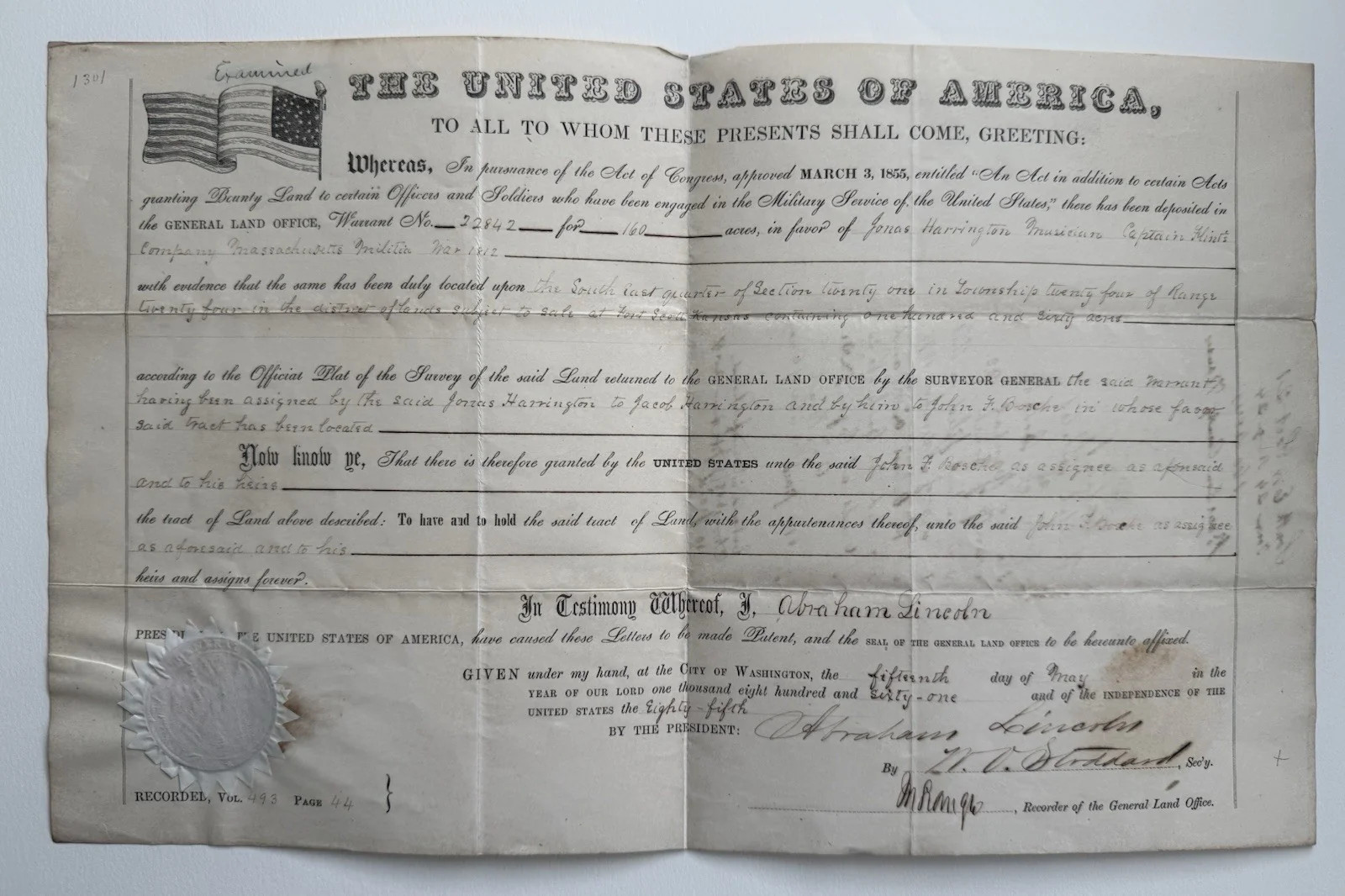 1861 Abraham Lincoln Administration Land Patent 