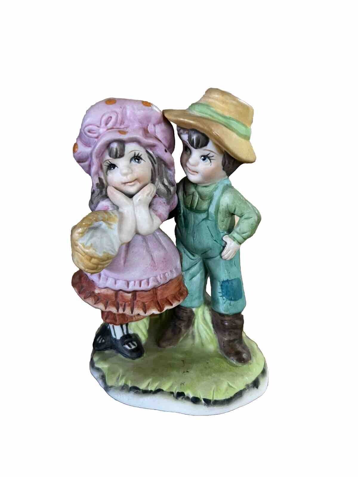 Lefton China Figurines Boy & Girl with Basket 00494 / Hand Painted 