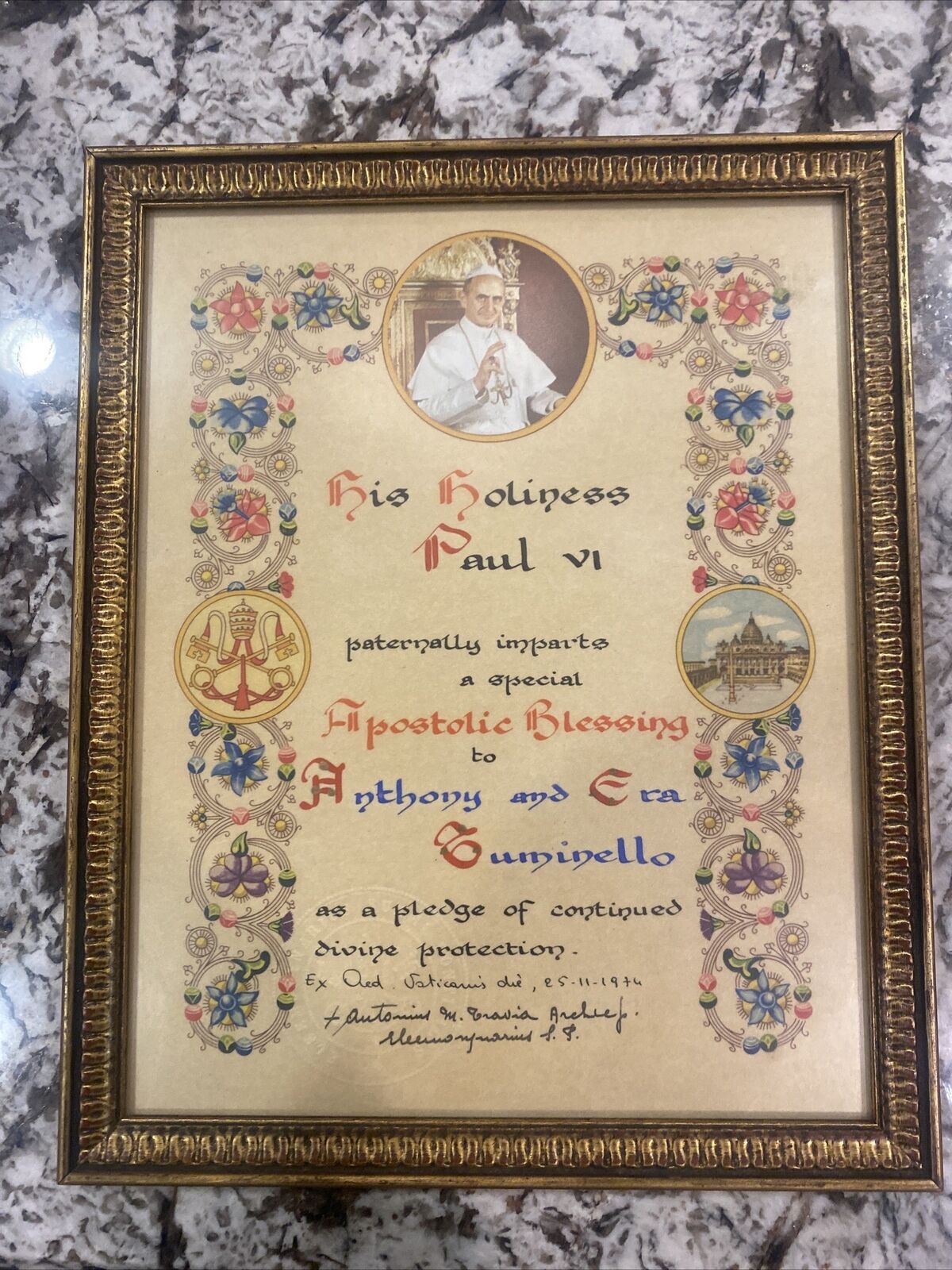 RARE Framed Pope Paul VI family blessing- Pope From 1963-1978 VTG Catholic Faith