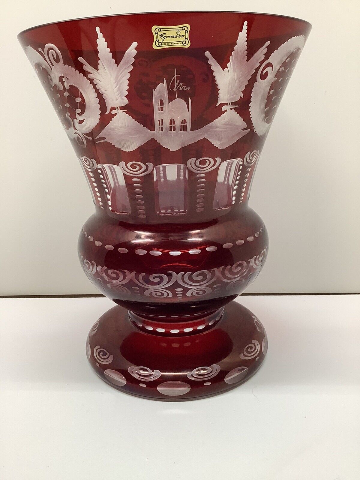 Vintage Egermann Czech Republic 11” large ruby red cut glass vase w/ castle