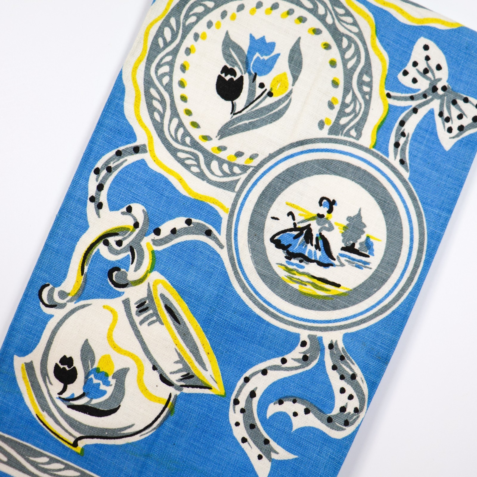 Vintage Kitchen Towel 1950s Printed Cotton Blue Yellow Gray Plates Print Unused