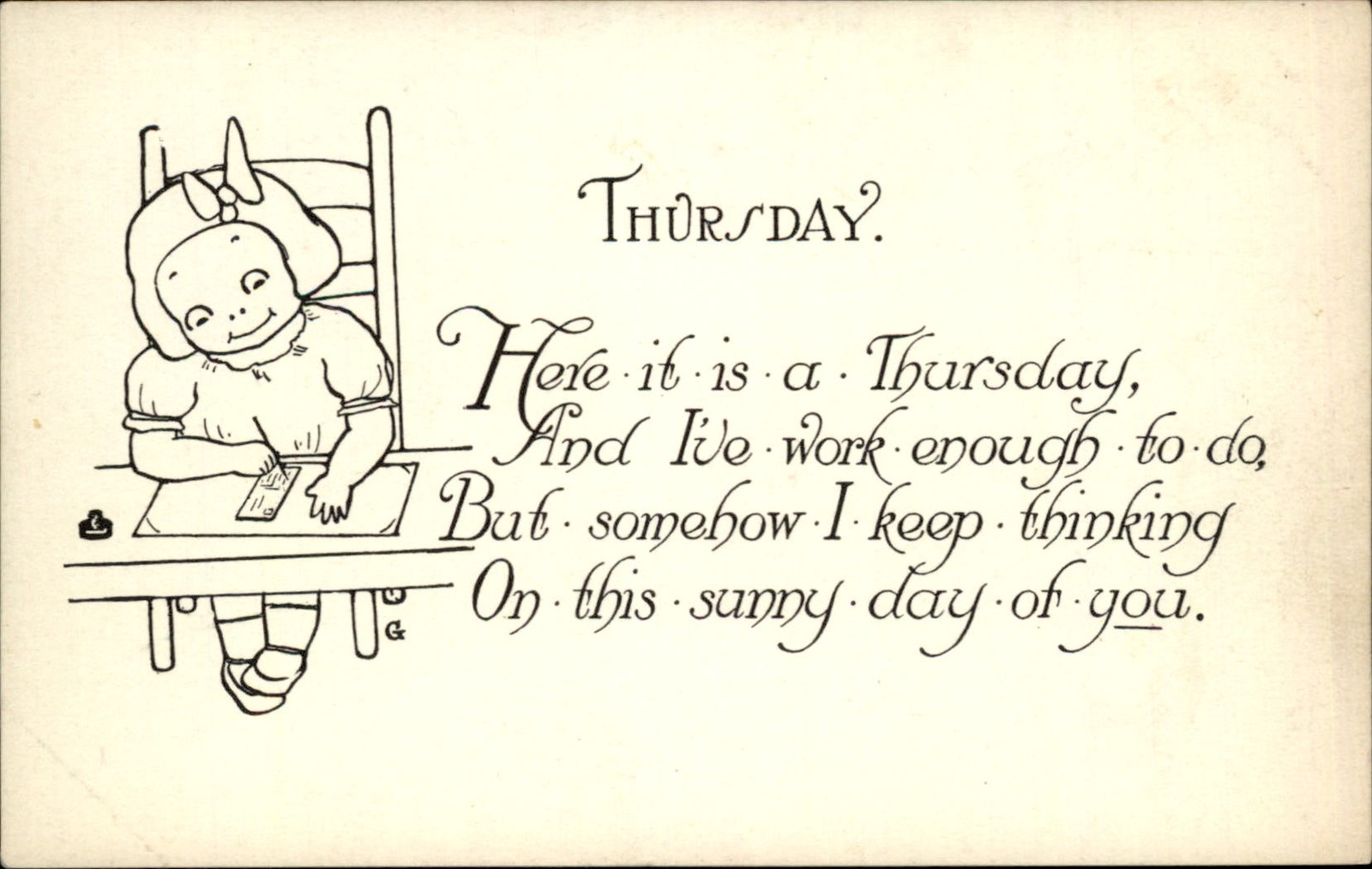 Little girl at desk Thursday Verse Am. Graphic Art Co. c1910s Vintage Postcard