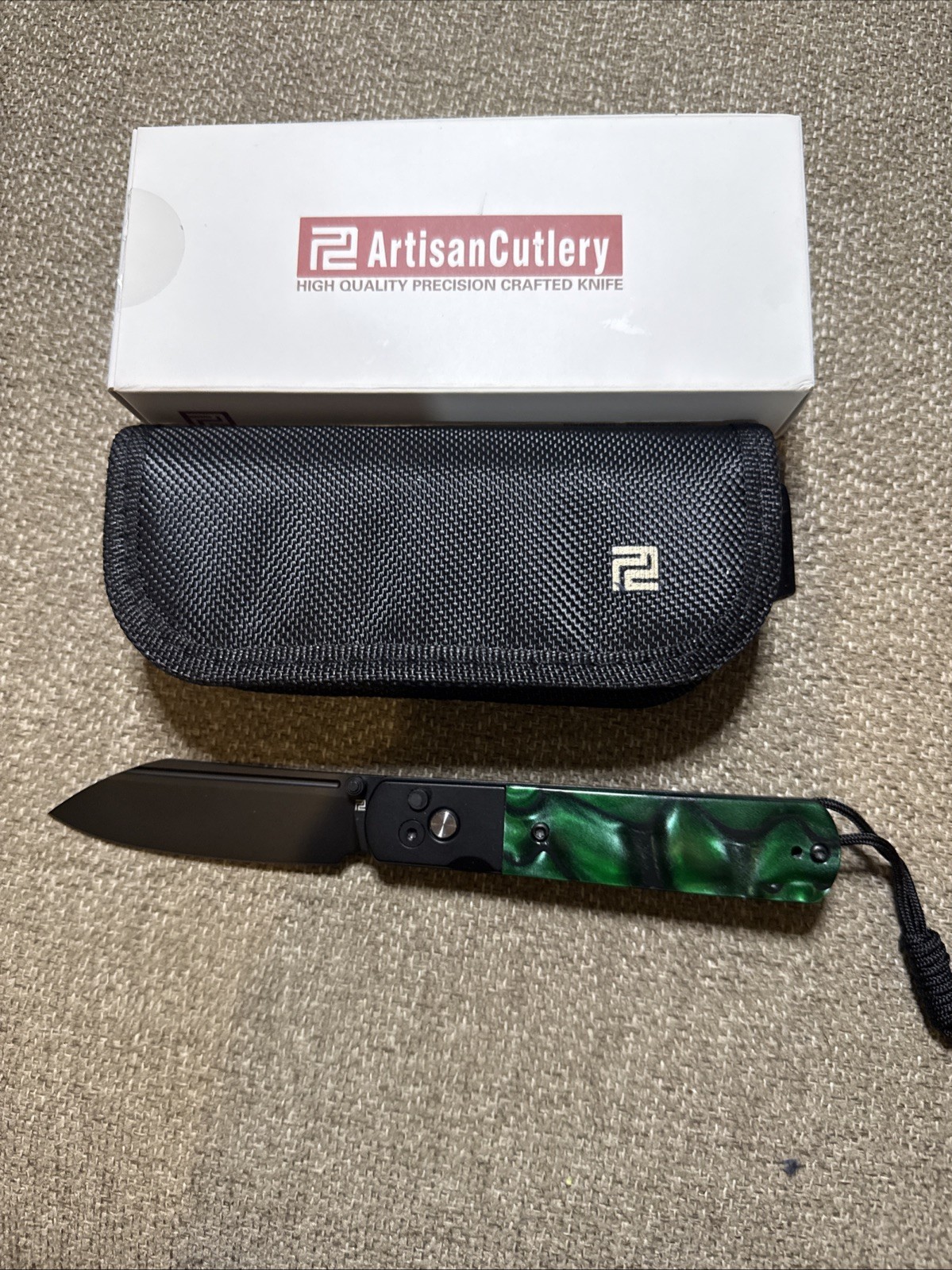 Artisan Holm - Black & Green Acrylic Handle, AR-RPM9 Steel Blade. 1875P-GNA