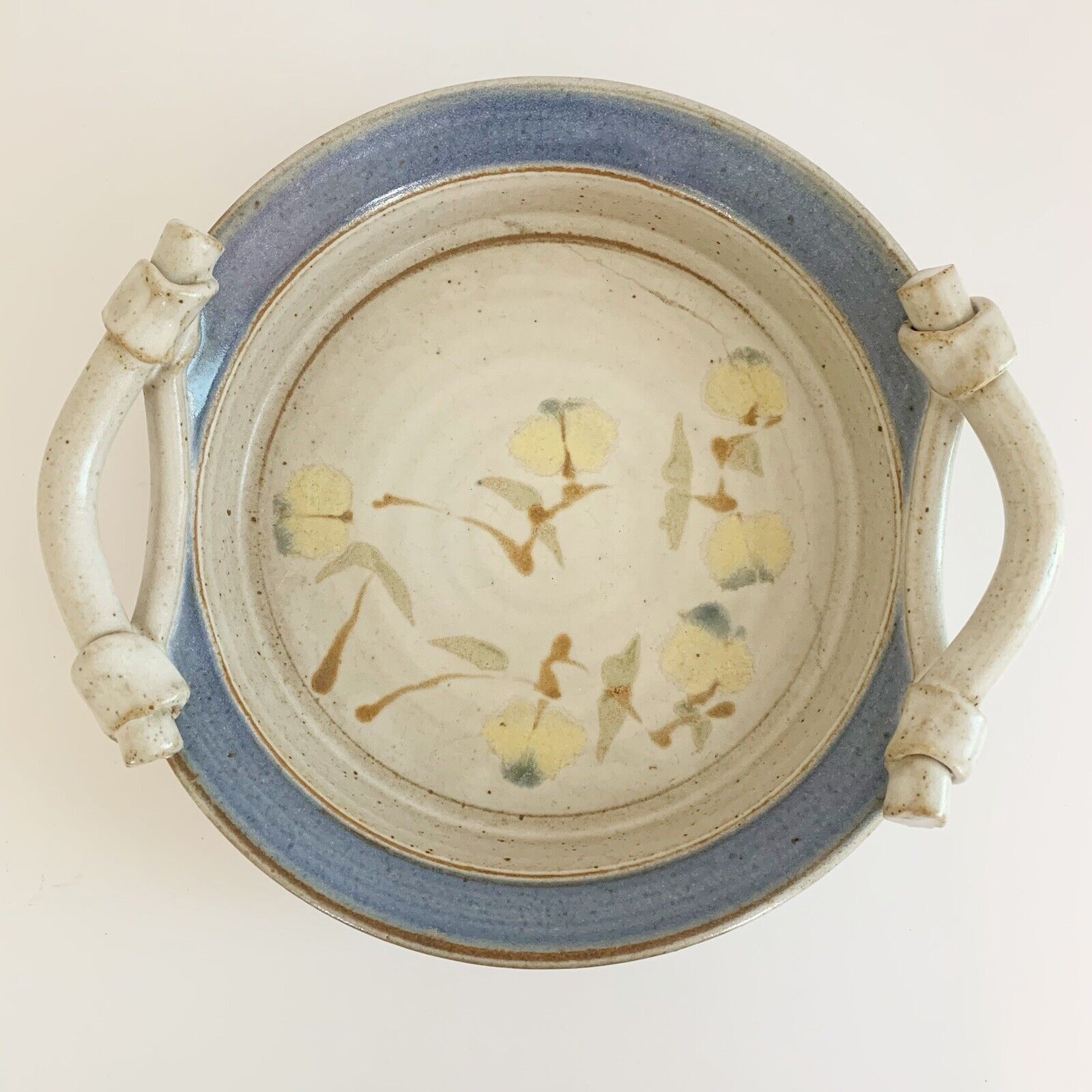 Art Studio Hand Thrown Blue Floral 2 Handle Serving Stoneware Bowl Artist Signed