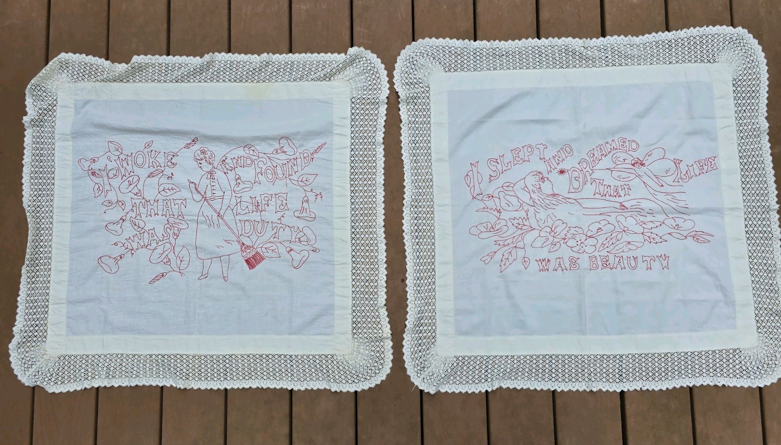 Lovely Old Pair Of Redwork Embroidery Pillow Layovers - \ Lovely Old Pair Of Redwork Embroidery Pillow Layovers - \