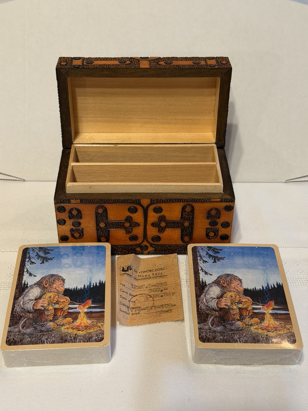 Cepelia Polish Wood Box Hand Carved Chest&Rolf Lidberg Troll Card Set Of 2 VTG