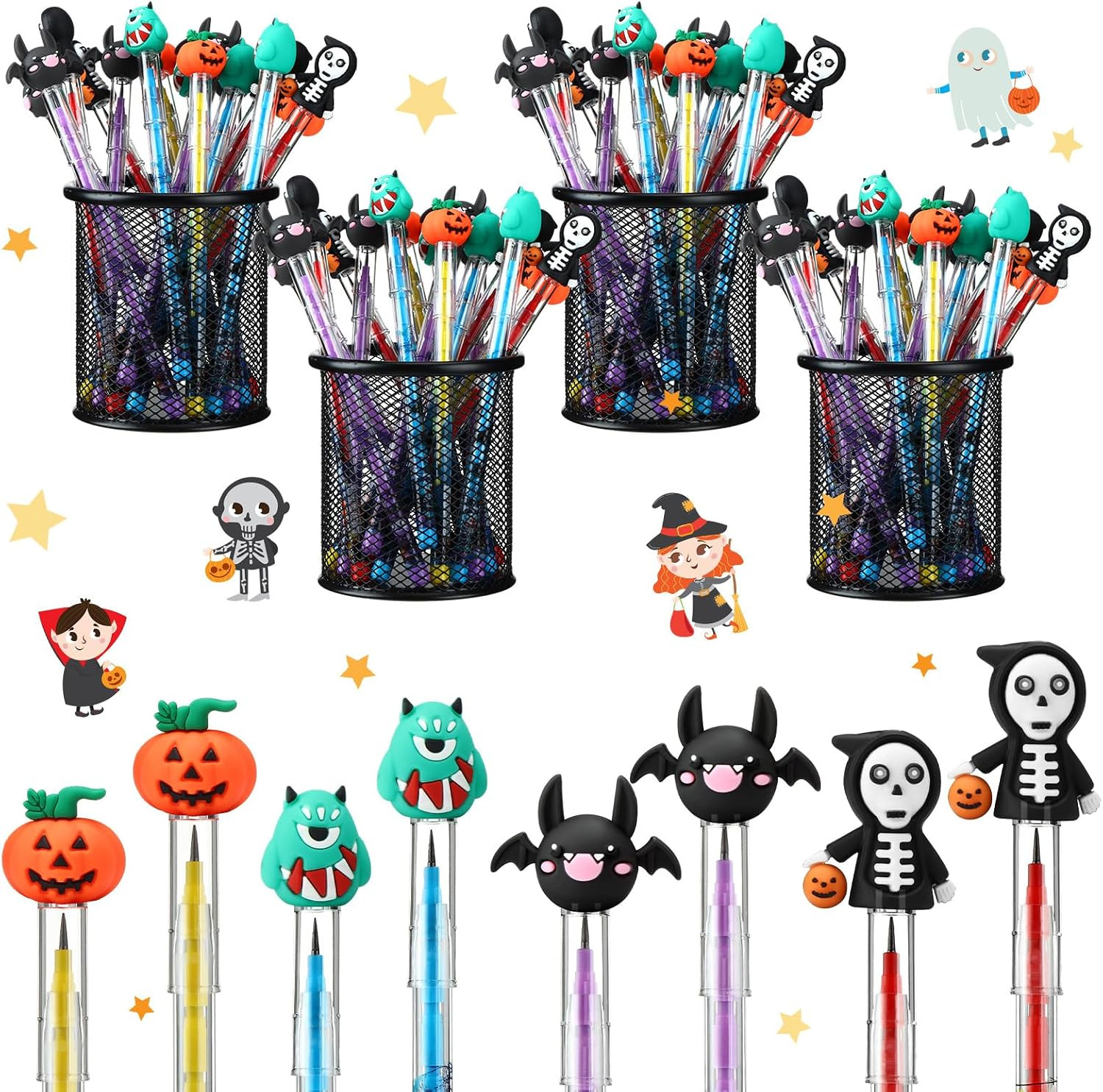 96 Pcs Halloween Pencils Bulk with Top Eraser Stackable Pencils