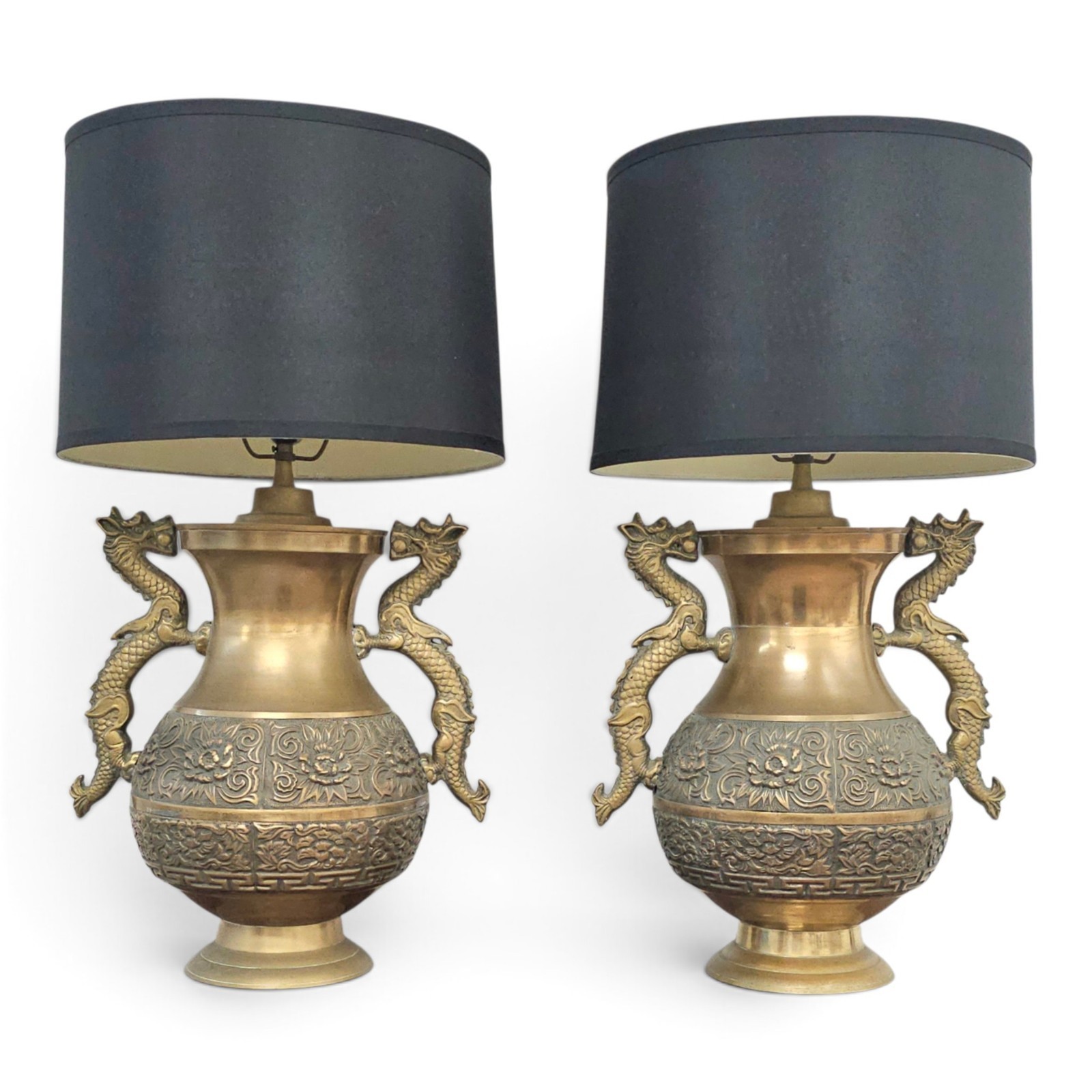 Pair Repoussé Brass Dragon Table Lamps James Mont Style Chinoiserie 20