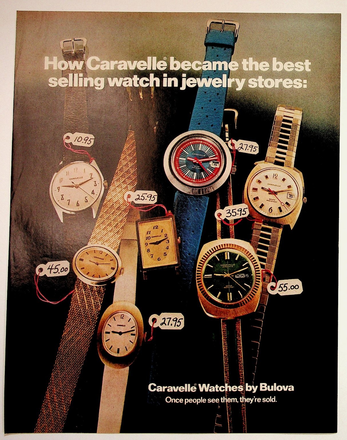 Vintage Caravelle Watches by Bulova Magazine Ad 1960s 1970s Jewelry Store